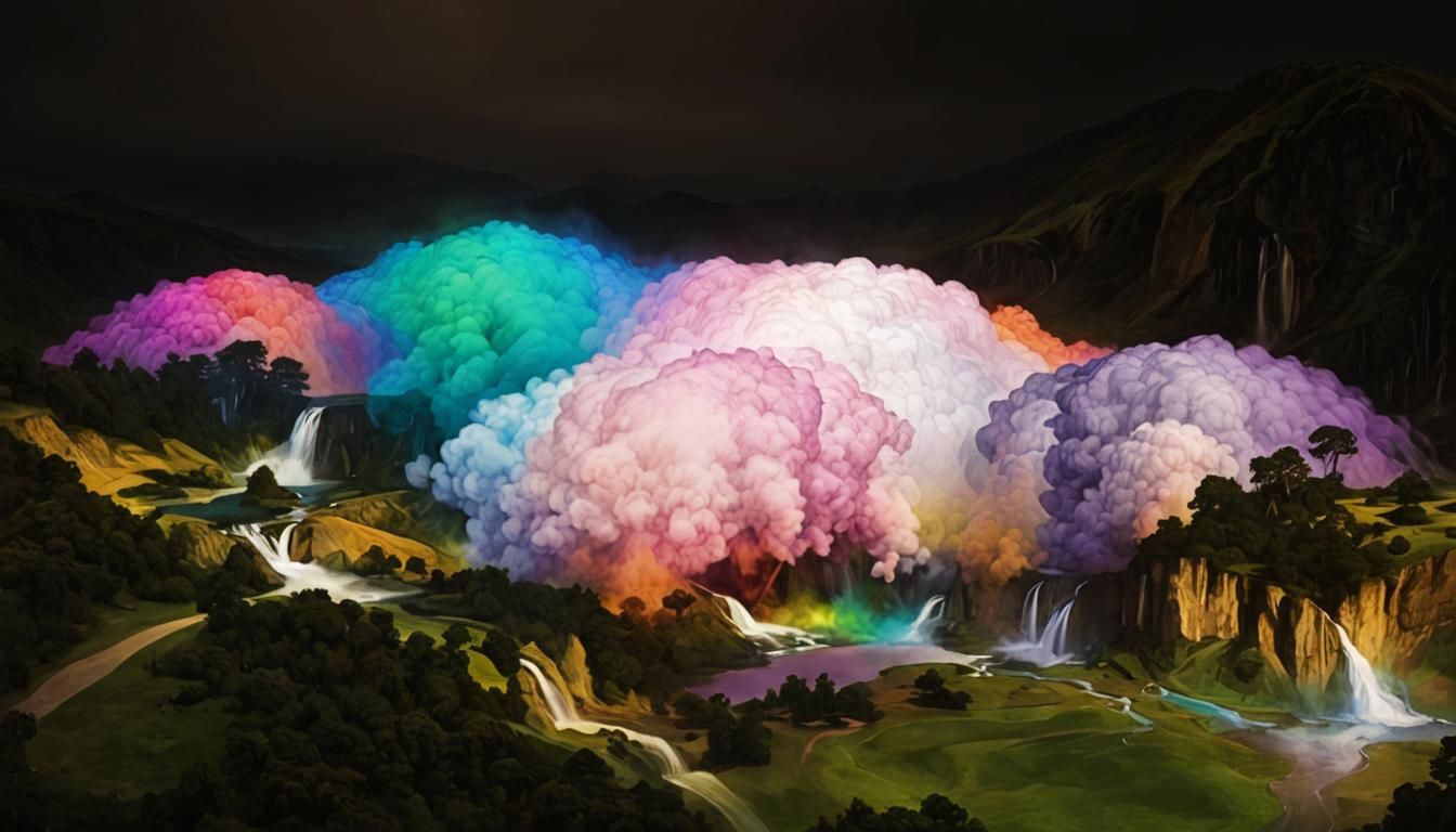 Rainbow Waterfall Sky Islands: Digital Art