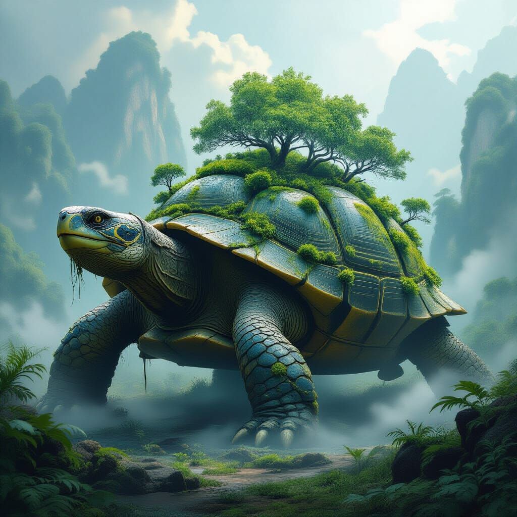 Giant Forest Turtle in Ethereal Fantasy Landscape
