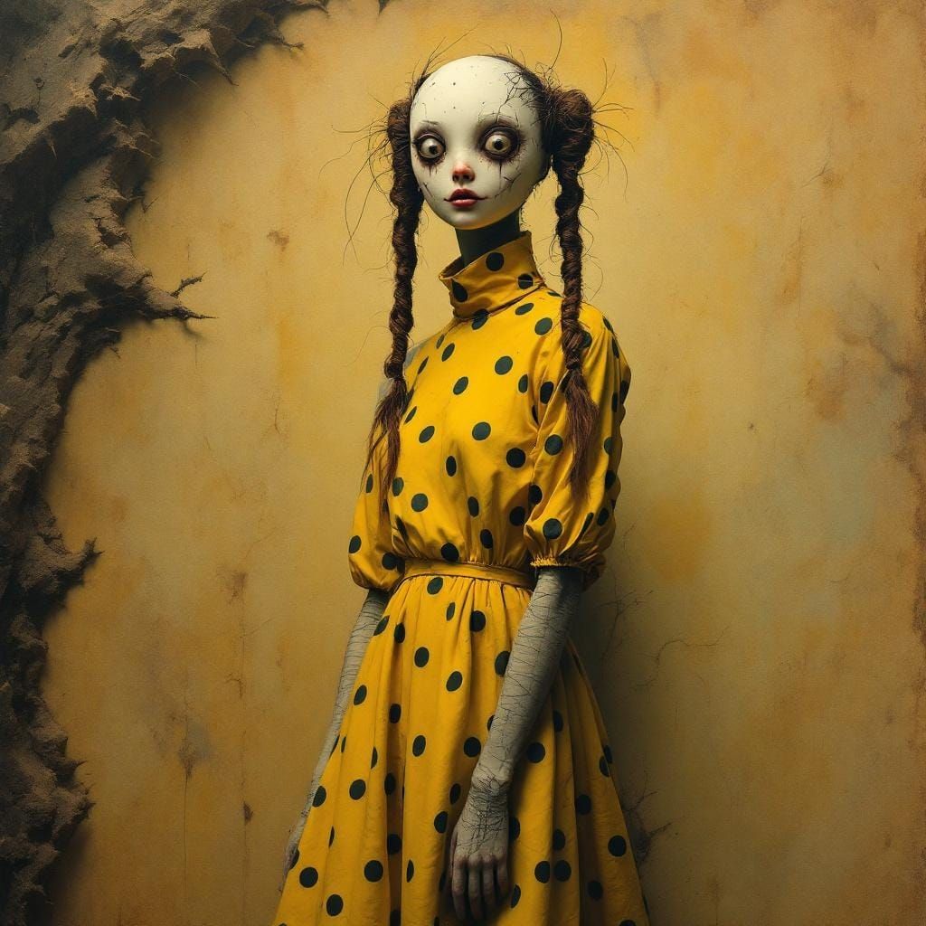 Eerie Doll-like Woman in Polka Dots, Detailed Matte Painting