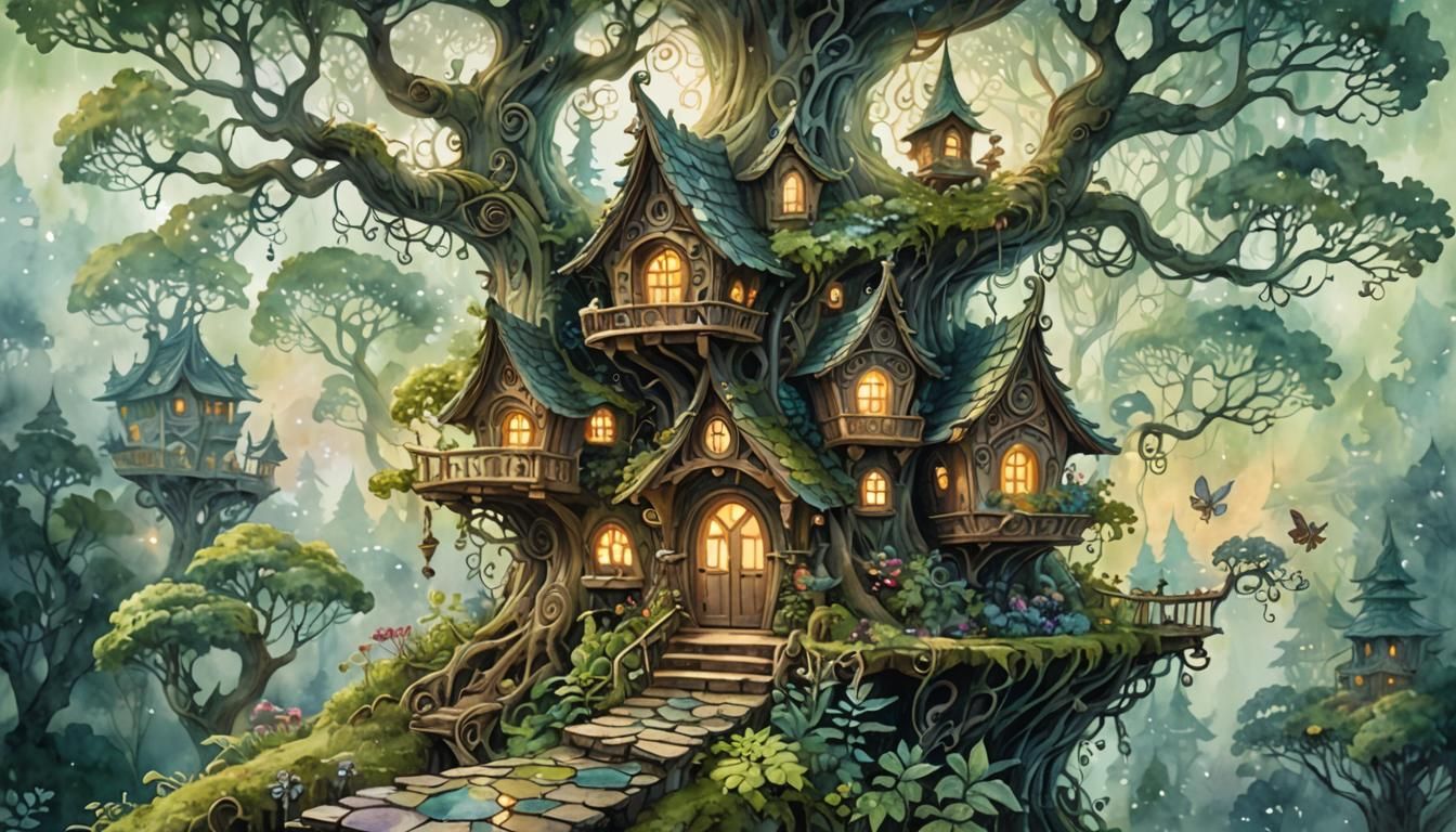 Whimsical Faerie Village in Watercolor Style