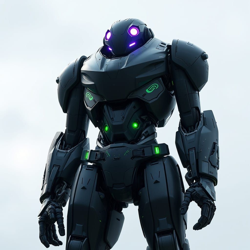 Futuristic Humanoid Robot in Stealth Black with Glowing Purp...