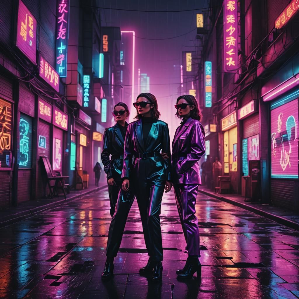 Synthwave Spy Women in Neon City Alleyway