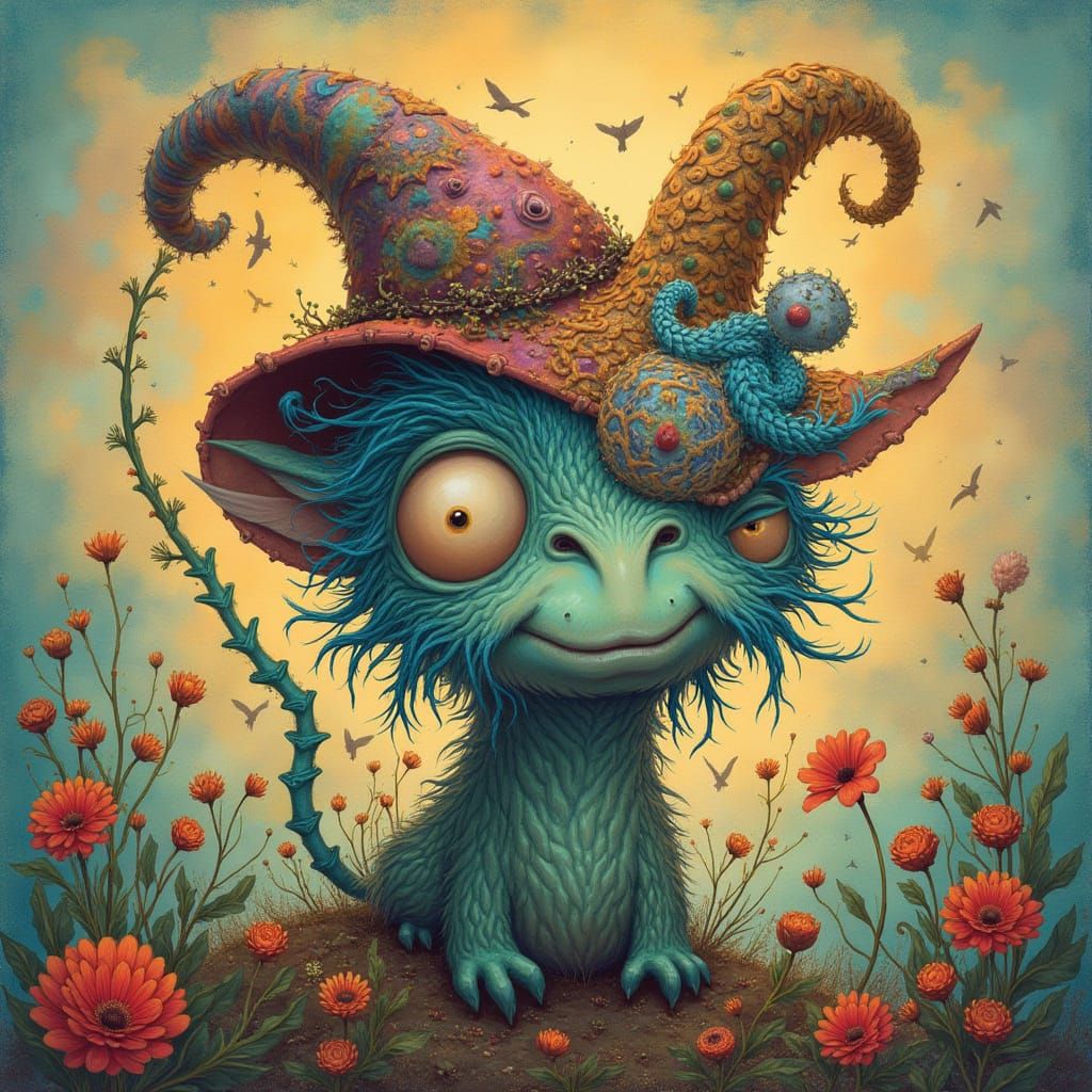 Mythical Sluc in Whimsical Landscape, Illustrative Art