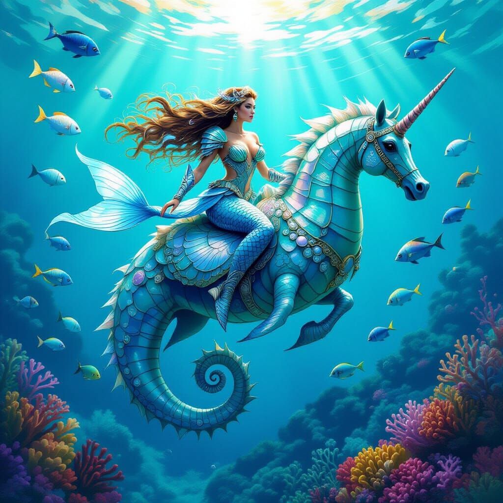Mermaid Warrior on Seahorse in Coral Reef