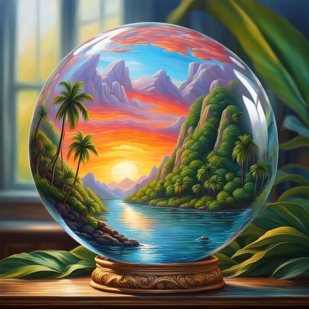Tropical River in Glass Sphere: Impressionistic Oil Painting