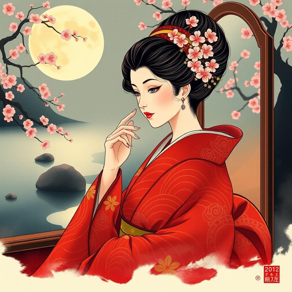 Japanese Mirrored Beauty in Ukiyo-e Style