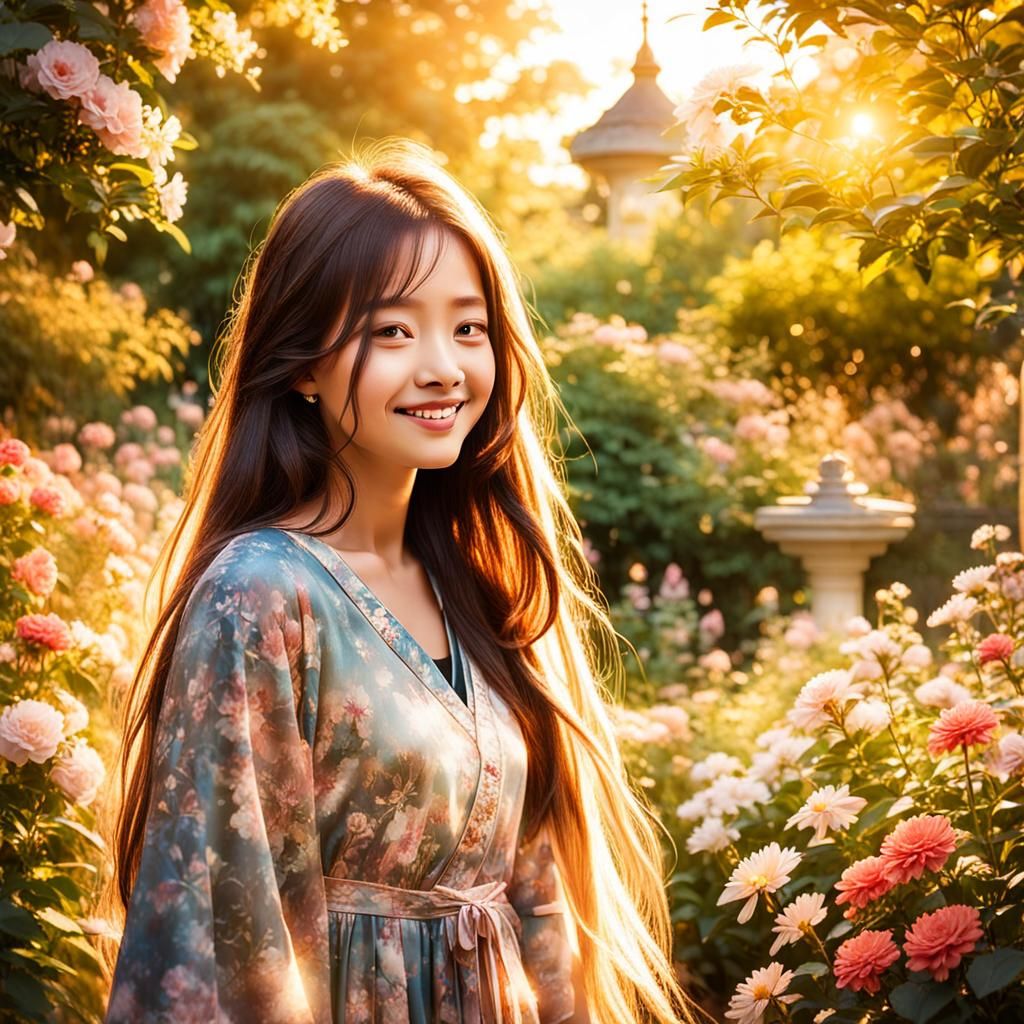 Woman with Kind Smile in Serene Garden