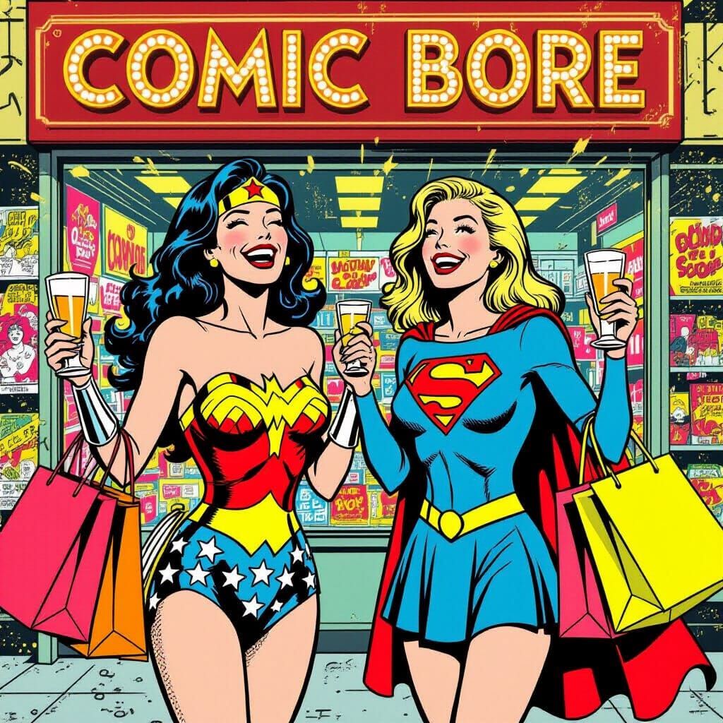 Wonder Woman & Supergirl Shopping Fun in Retro Comic Style