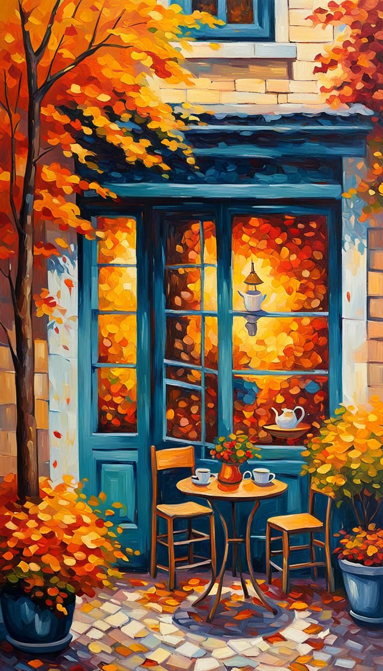 Cozy Corner in Autumnal Neo-Impressionist Impasto Style