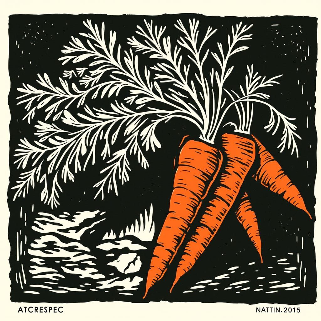 Vibrant Woodcut Carrots in a Stylized Harvest Scene