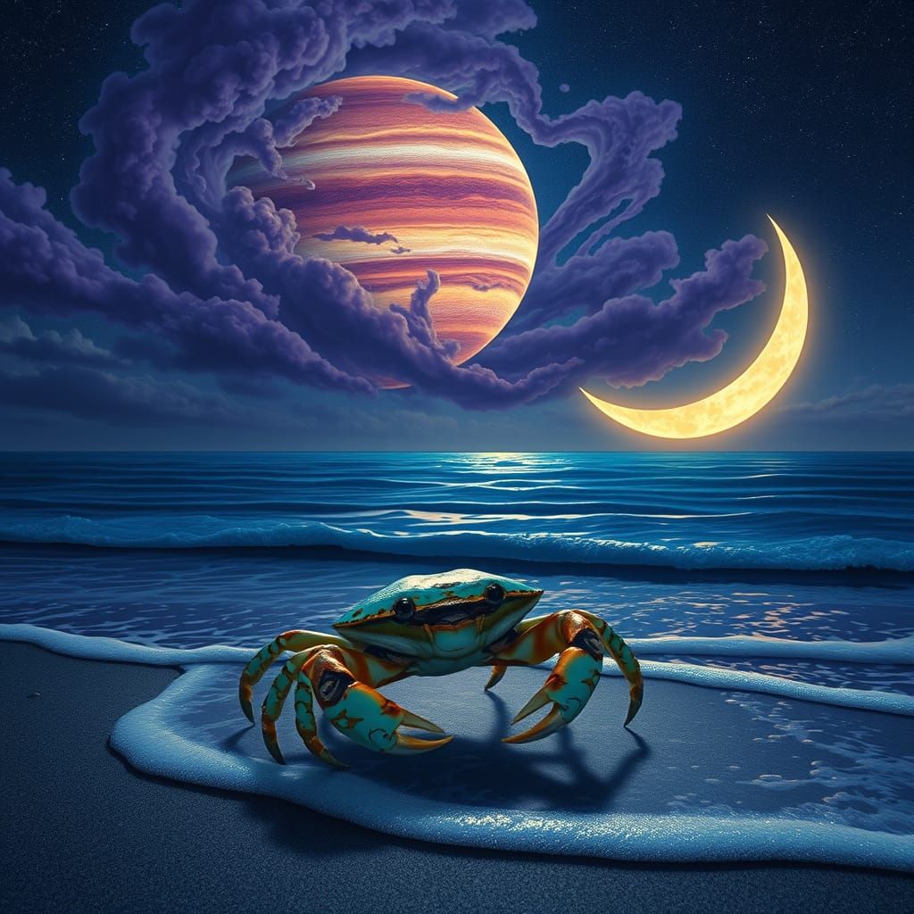 Surreal Crab Embarks on Interplanetary Odyssey Beneath Jupit...