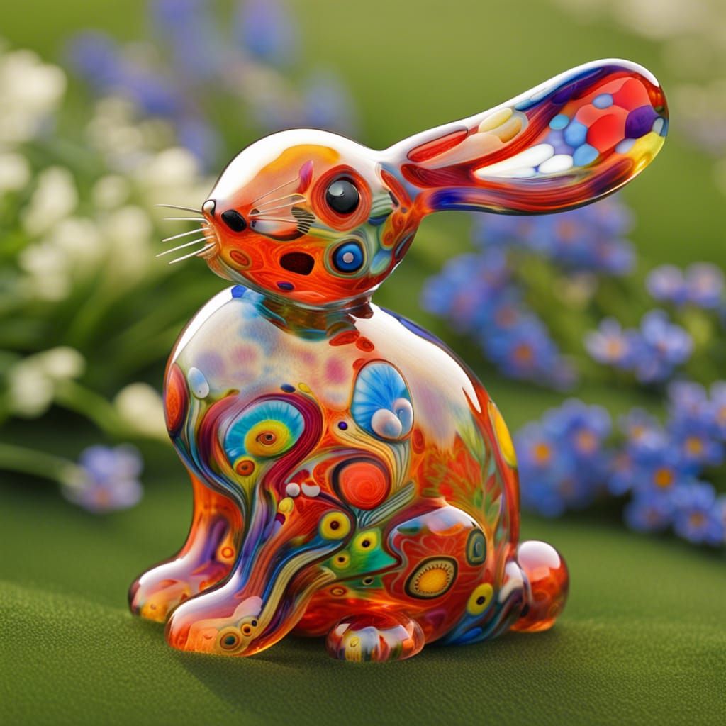 Millefiori Glass Rabbit in Grassy Field