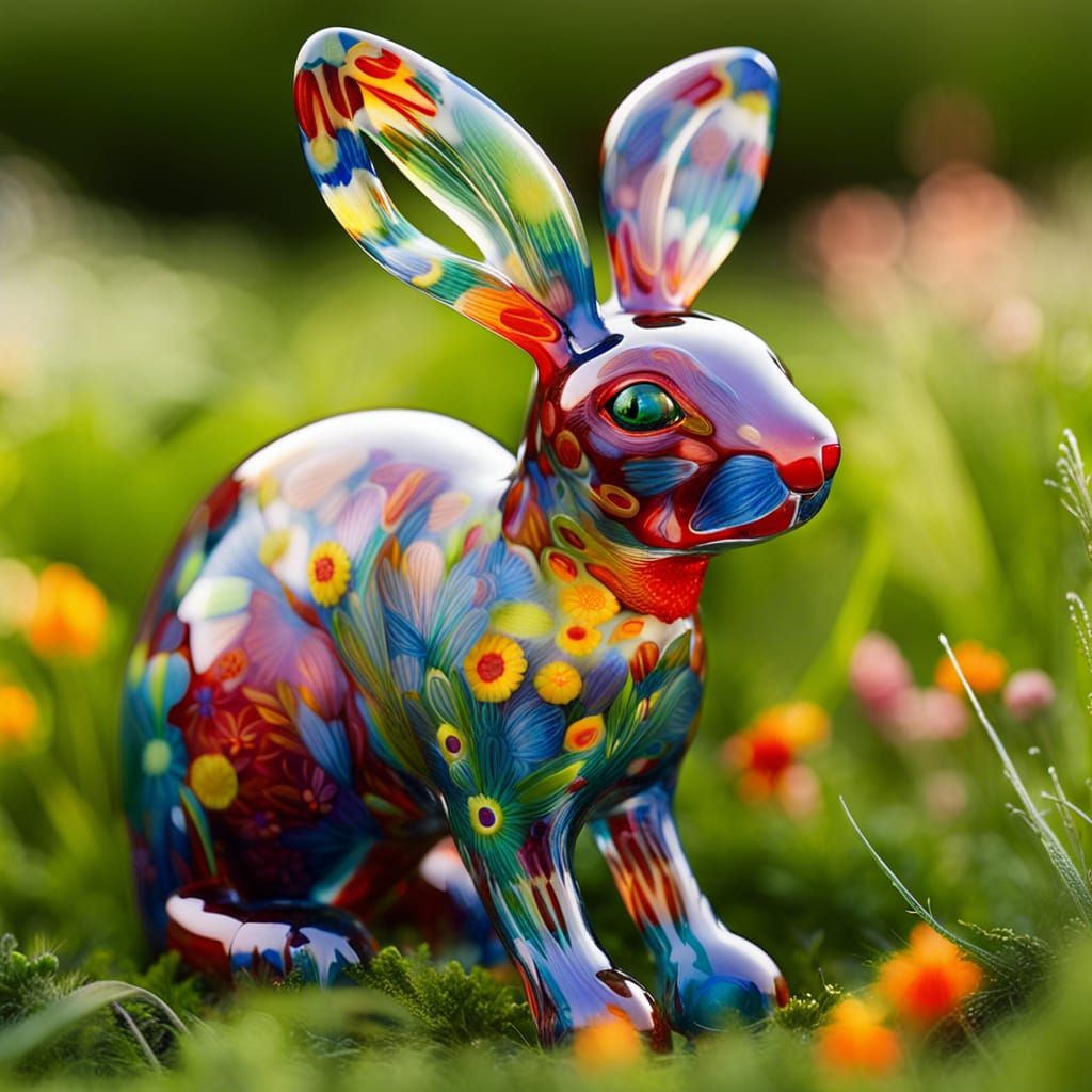 Millefiori Glass Rabbit in Grassy Field