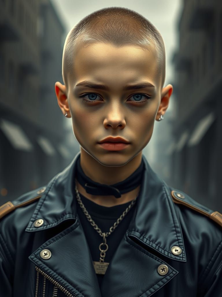 Ethereal Skinhead Woman in Renaissance-Inspired Portrait