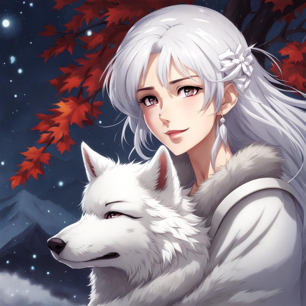 Anime Style: Woman and Wolf in Loving Embrace