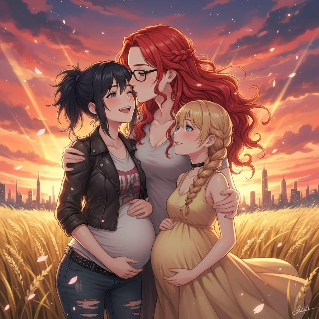 Anime Style Portrait Of A Loving Family At Sunset