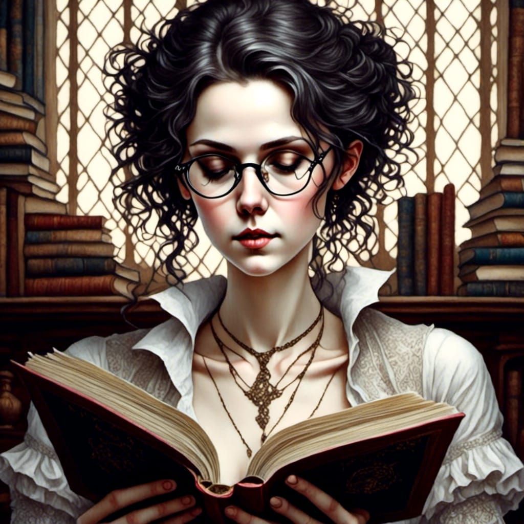 Librarian with Glasses Reading a Book
