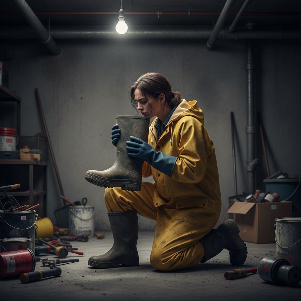 Woman in Rainwear Sniffing Rubber Boot