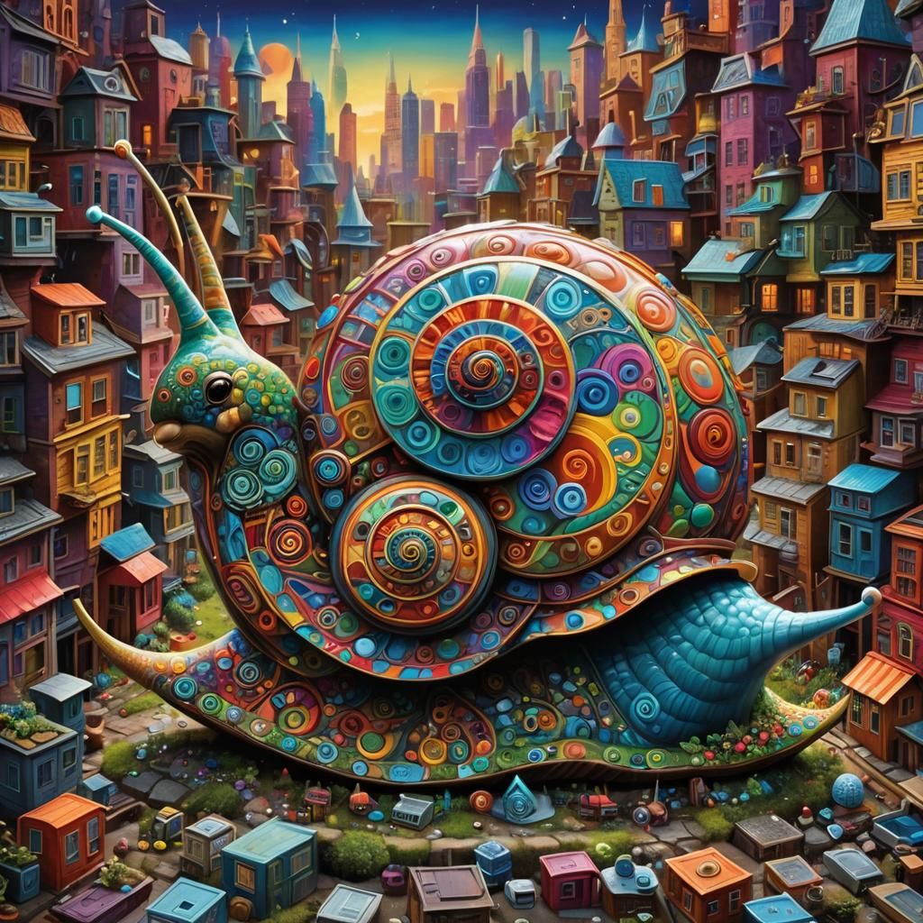 Psychedelic Snail in a Recycled Futuristic Cityscape