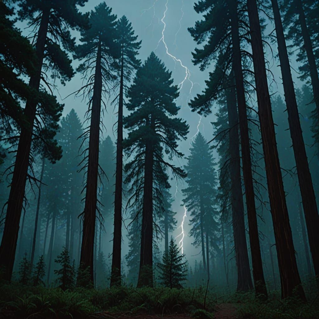 Redwood Forest Lightning Storm: Cinematic Film Still