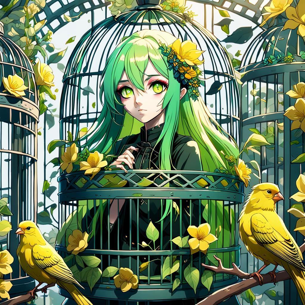 Anime Girl in Birdcage: Detailed Matte Painting