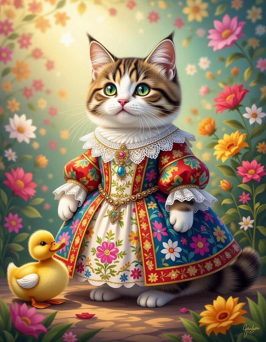 Patchwork Cat Cathedral Portrait With Playful Duck