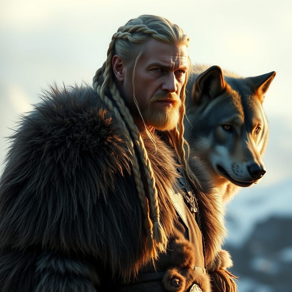 Viking Warrior Stands Majestically with Gray Wolf in Nordic...