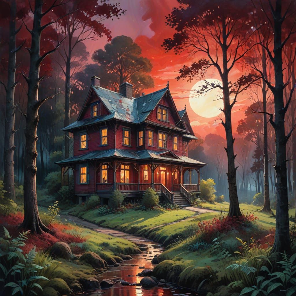 Moonlit woods, rustic house.