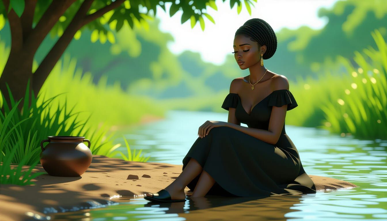 Sad African Woman by River in Animated Hyperrealism