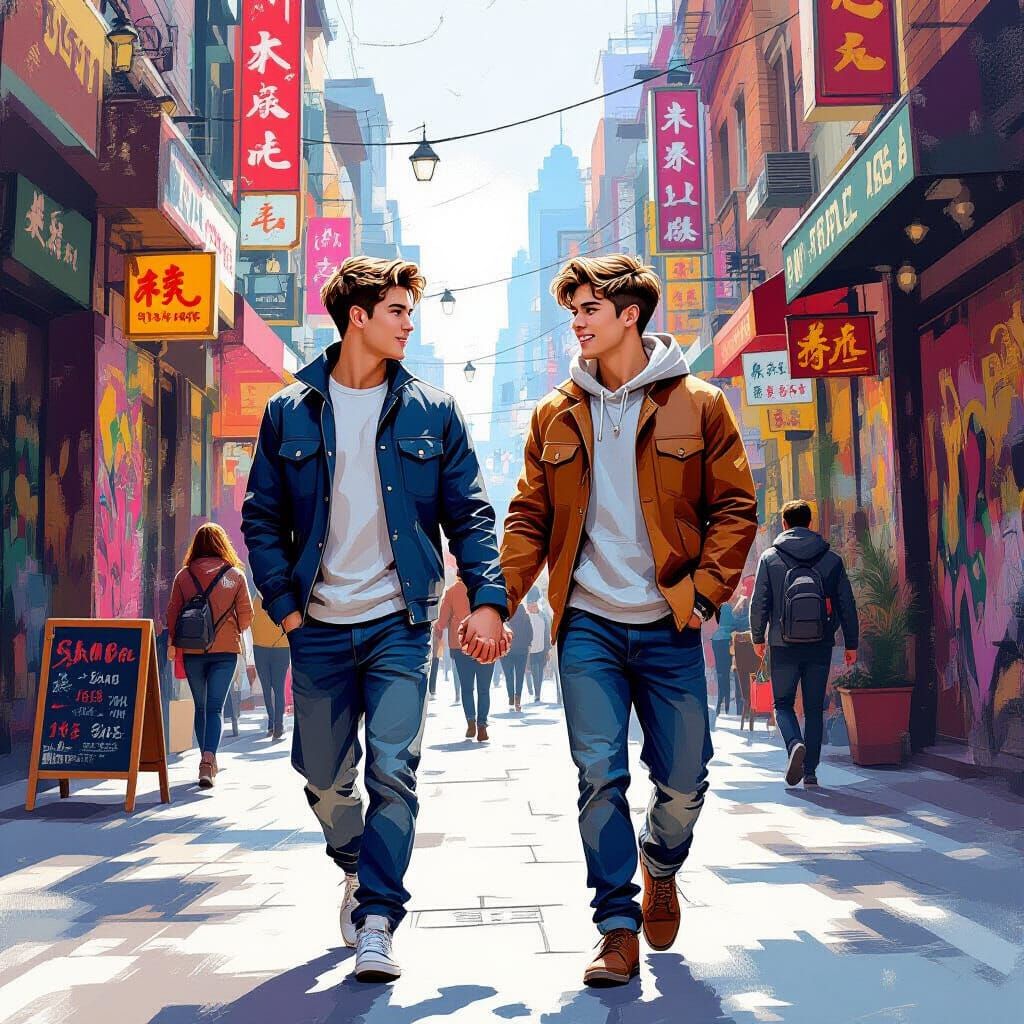 Vibrant City Scene of Two Men Holding Hands