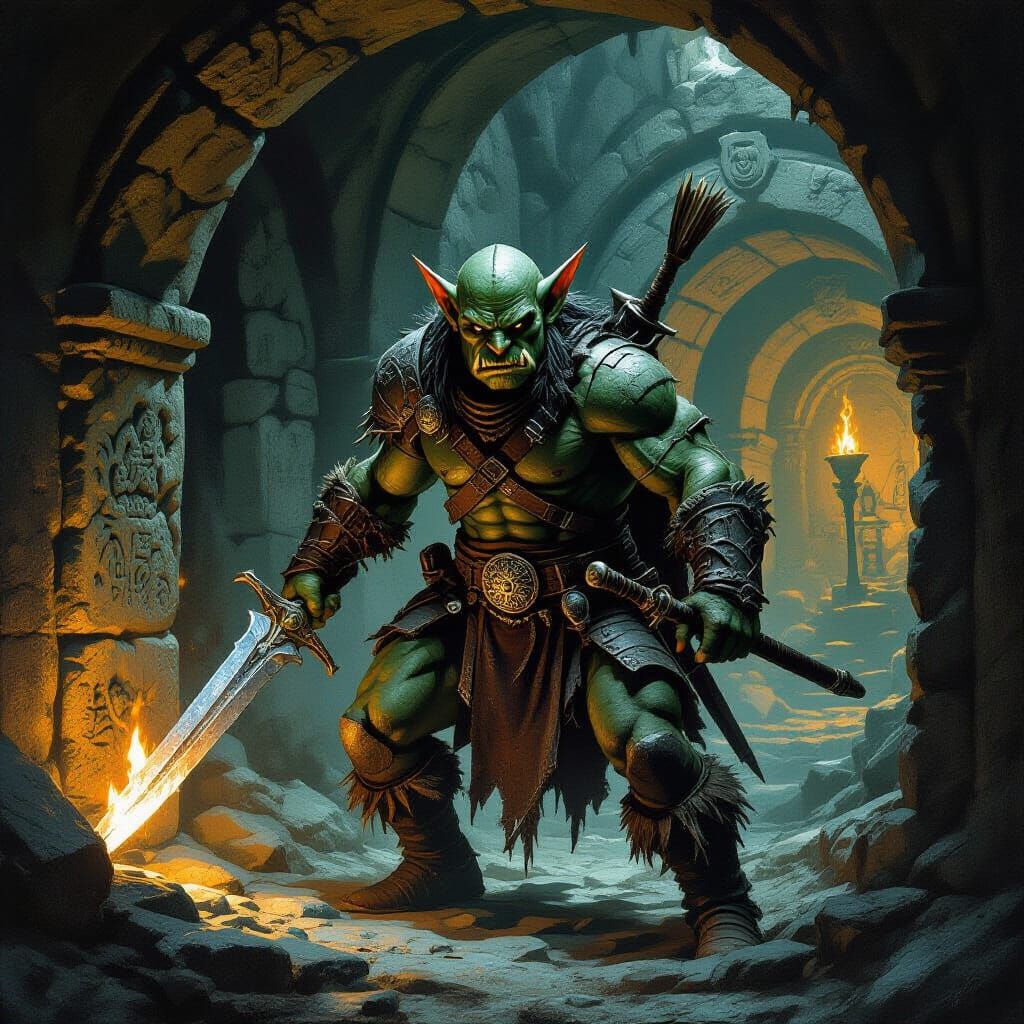 Goblin Warrior in Dark Fantasy Catacombs