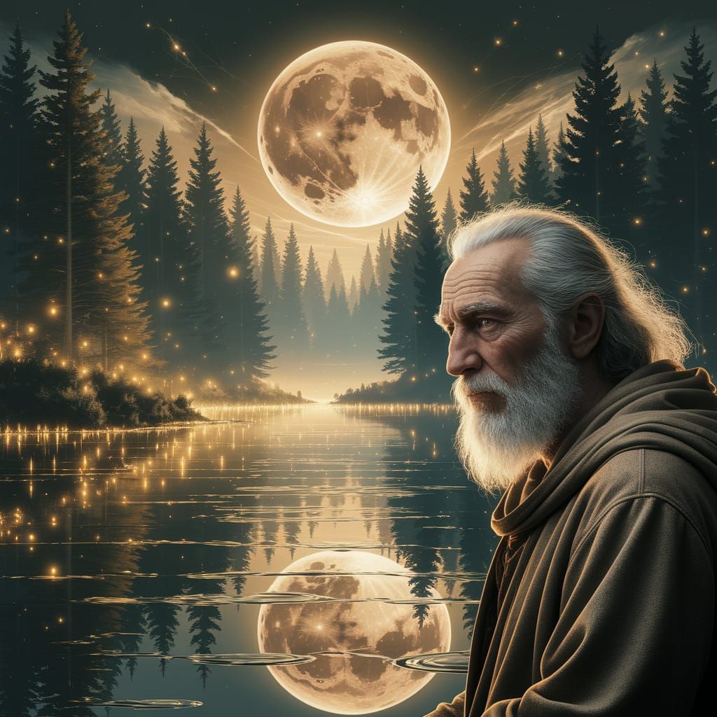 Golden Moon Over Tranquil Forest Lake