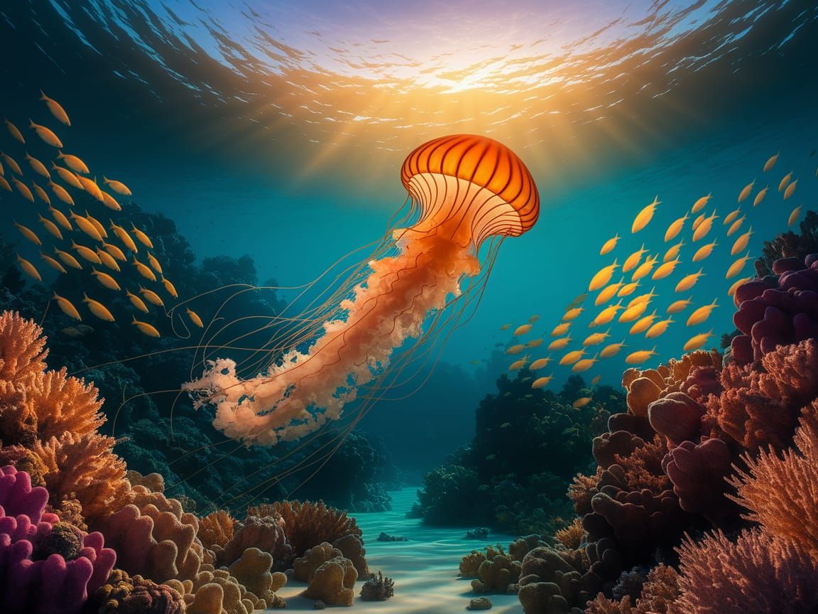 Colossal Jellyfish Drifting in Turquoise Ocean