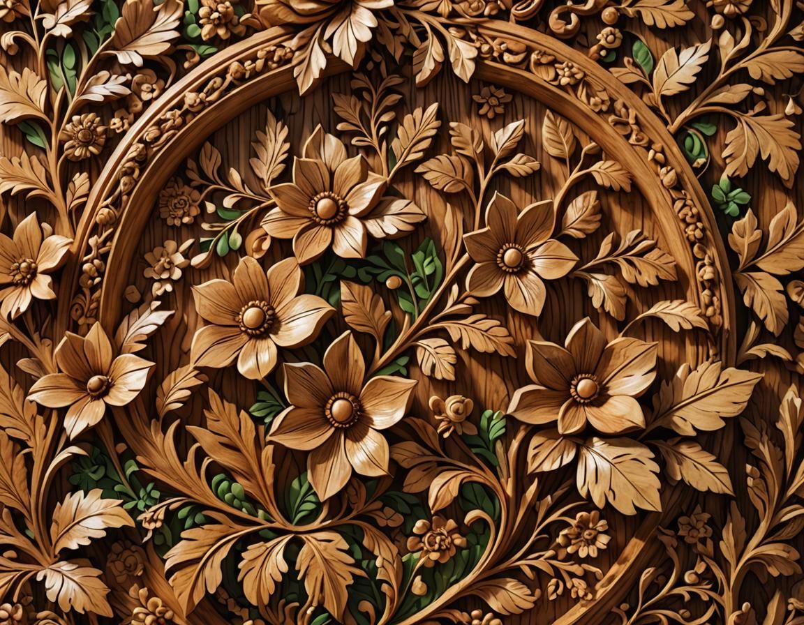 Floral Wood Carving with Tools in Golden Light