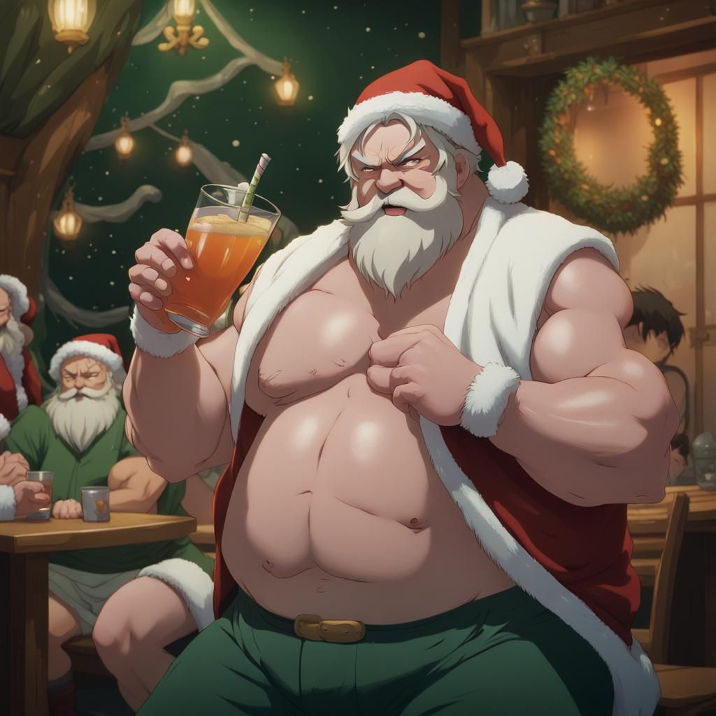 Muscular Santa and Elves in Anime Style