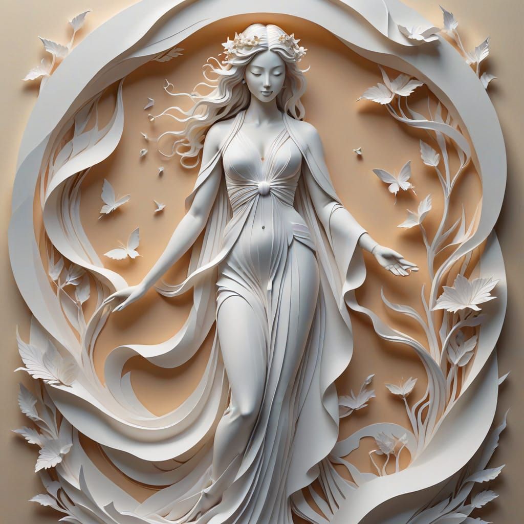 Paper Goddess Emerging from Layered Landscape