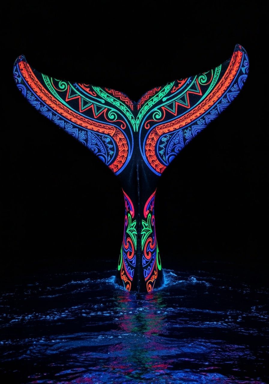 Whale Tail with Tribal Design in Stained Glass Style