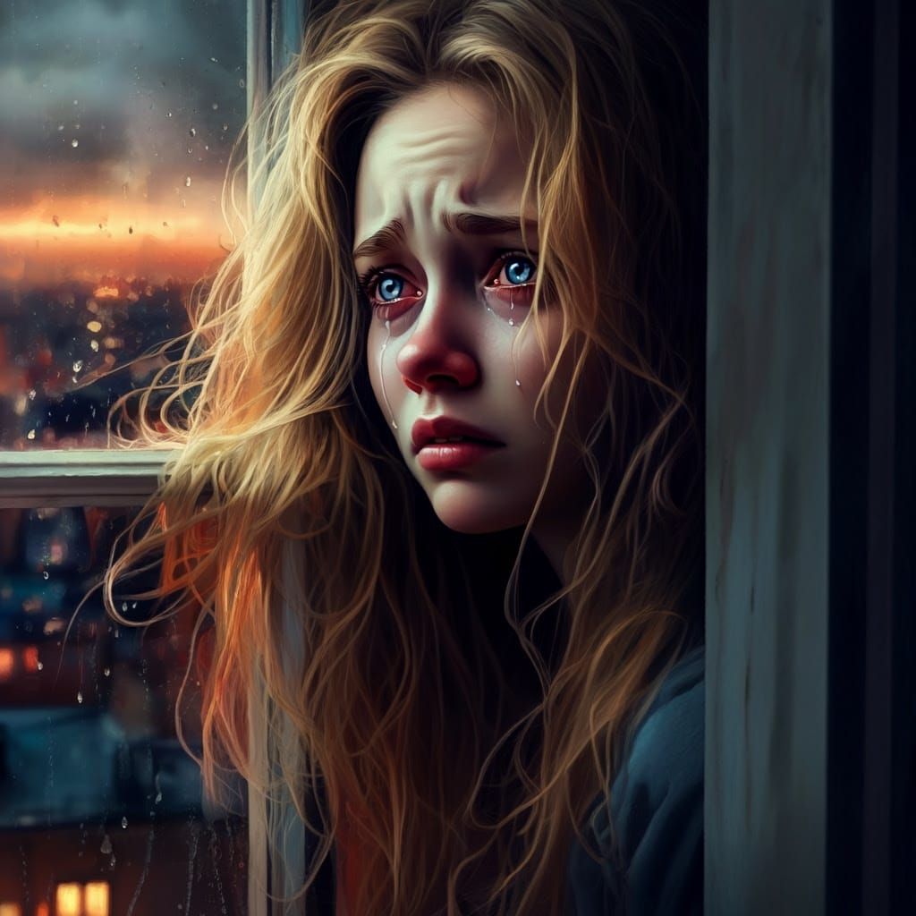 Sorrowful Female Leans Out of Apartment Window in Chiaroscur...
