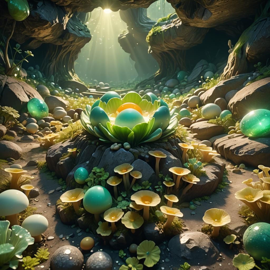 Gemstone Cave with Luminous Fungus: Cinematic 3D Art