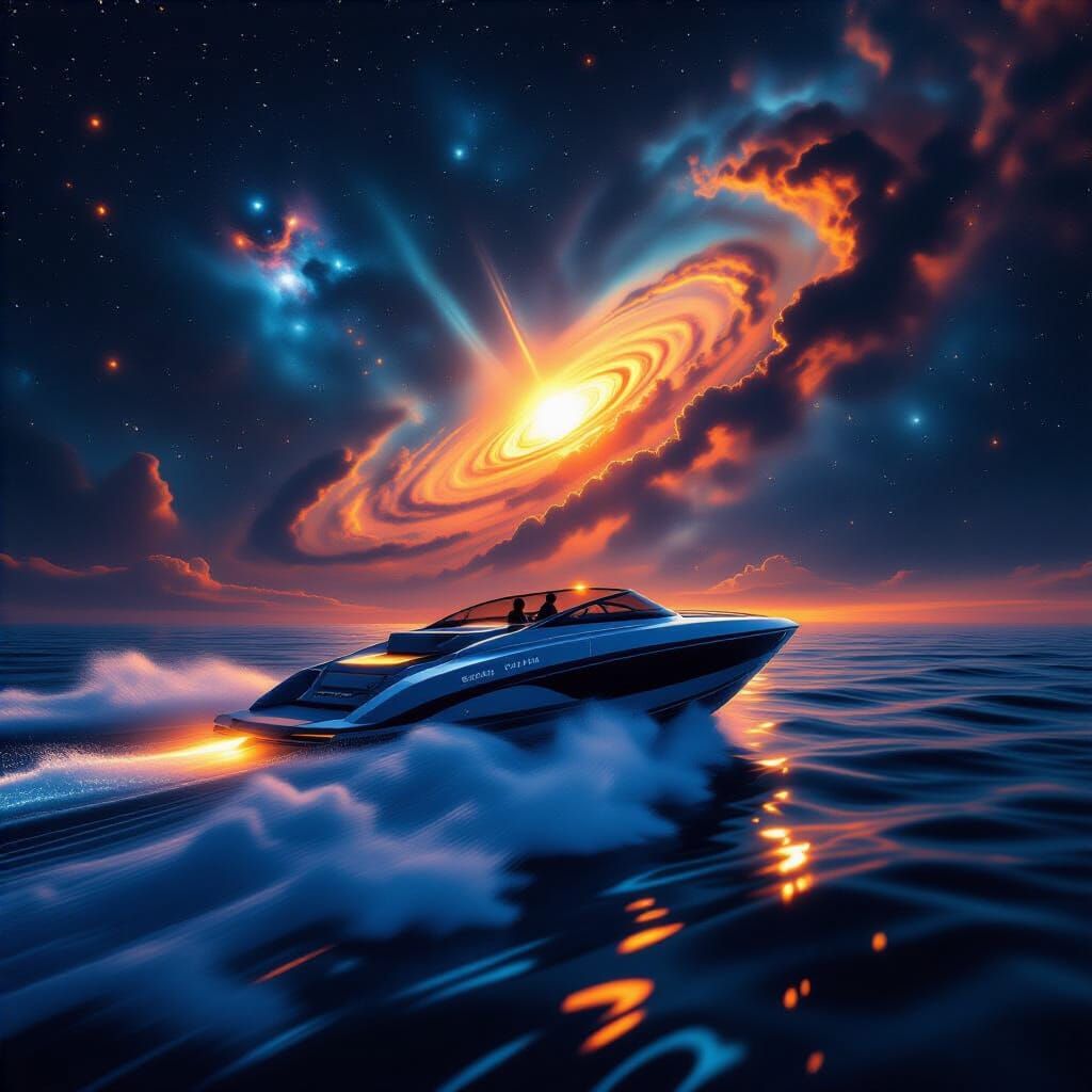 Futuristic Boat Sails Nebular Sky in Ultra Detail