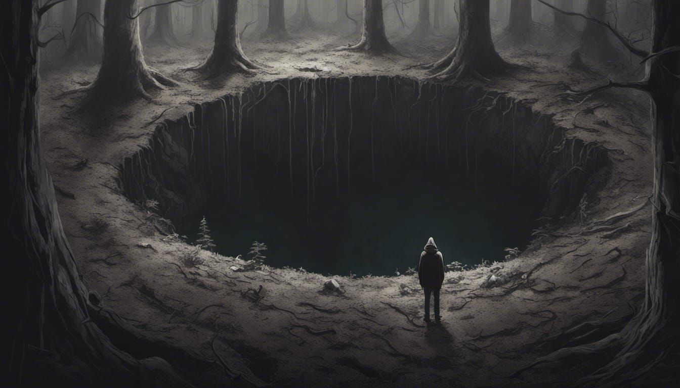 Eerie Forest: Figure Gazing into Deep Pit