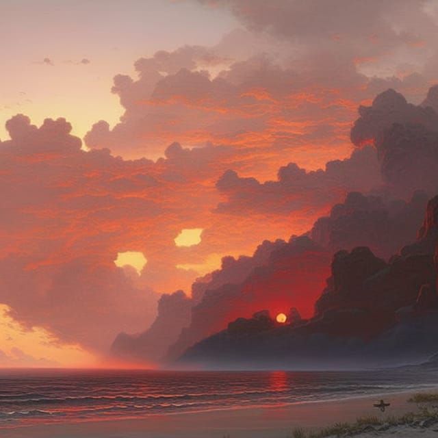 Burning Sky Over Beach: Hyperrealistic Digital Art