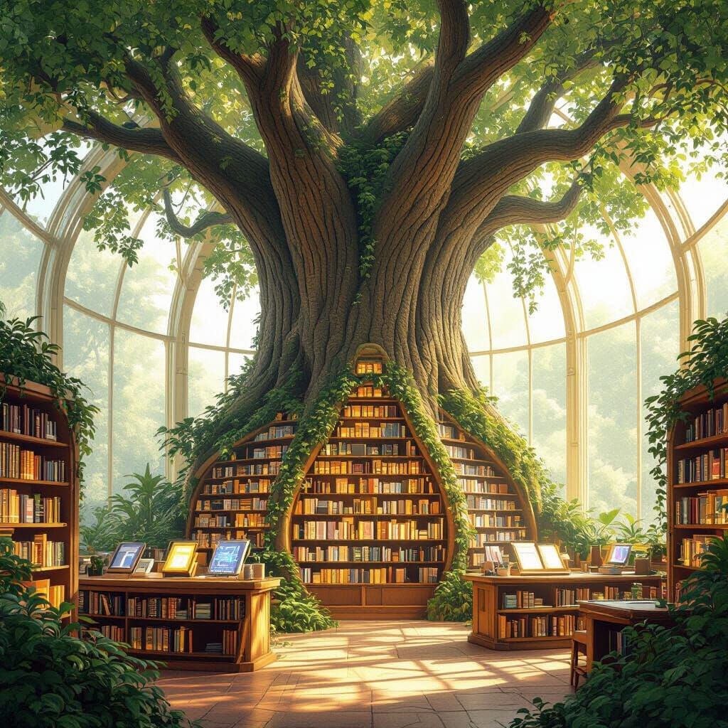 Glowing Solarpunk Tree Library in Art Nouveau Style