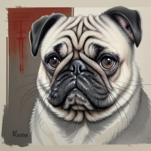 Ink Wash Painting of a Curious Pug