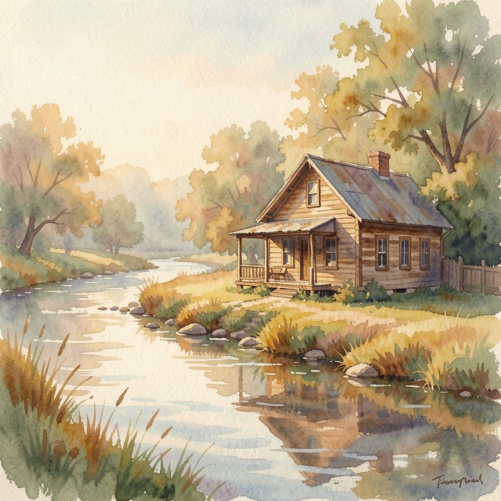 Cozy Rustic House by Gentle River in Impressionistic Waterpa...