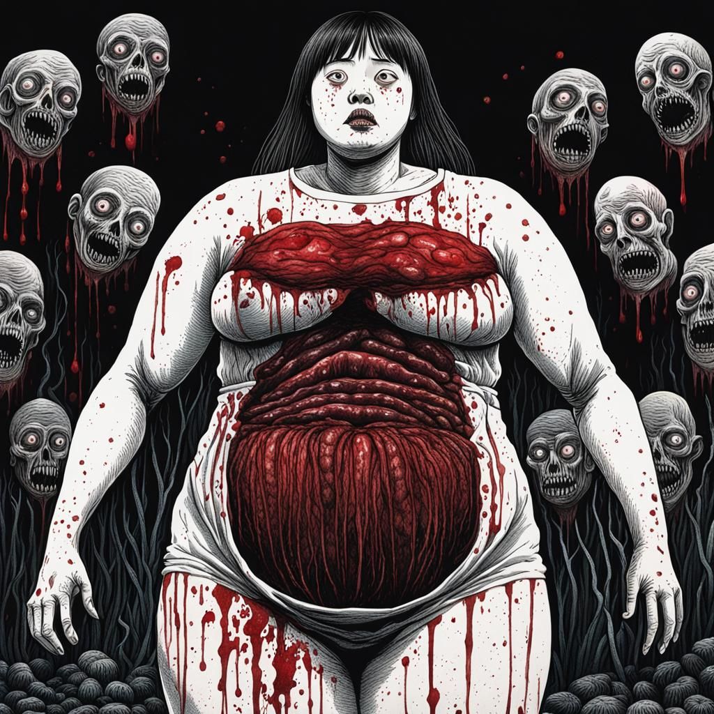 Eerie Bloated Woman in Dark Manga Style