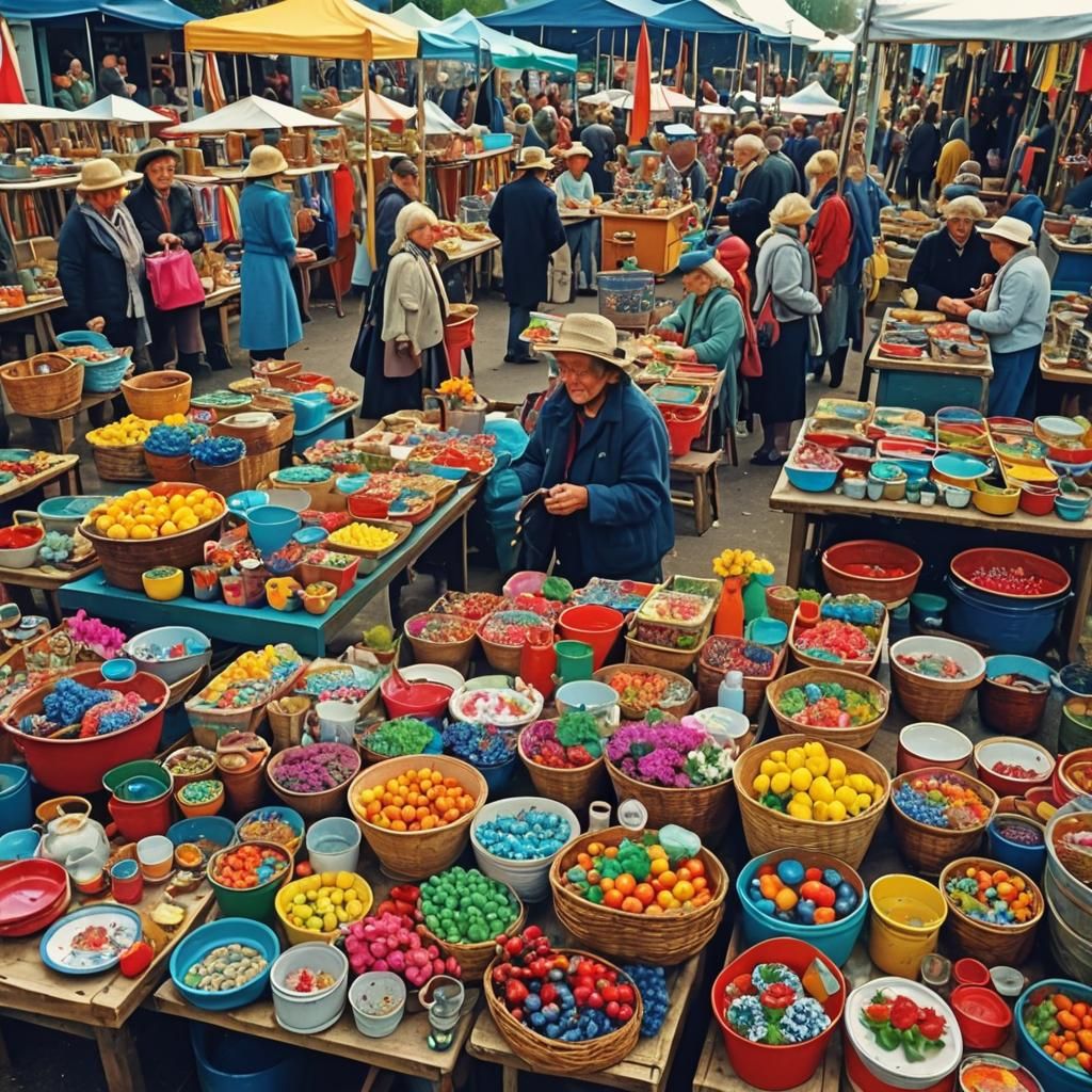 Vivid Country Flea Market Scene with Happy People
