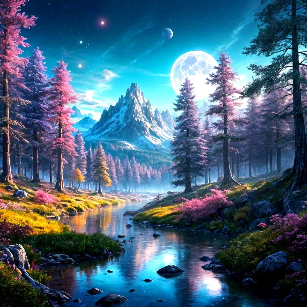 Enchanted Forest Landscape with Glowing Celestial Sky