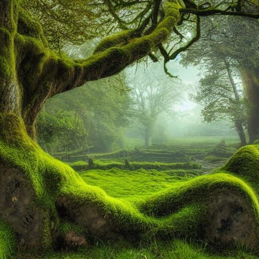 Moss-Covered Castle in Mystical Forest Landscape