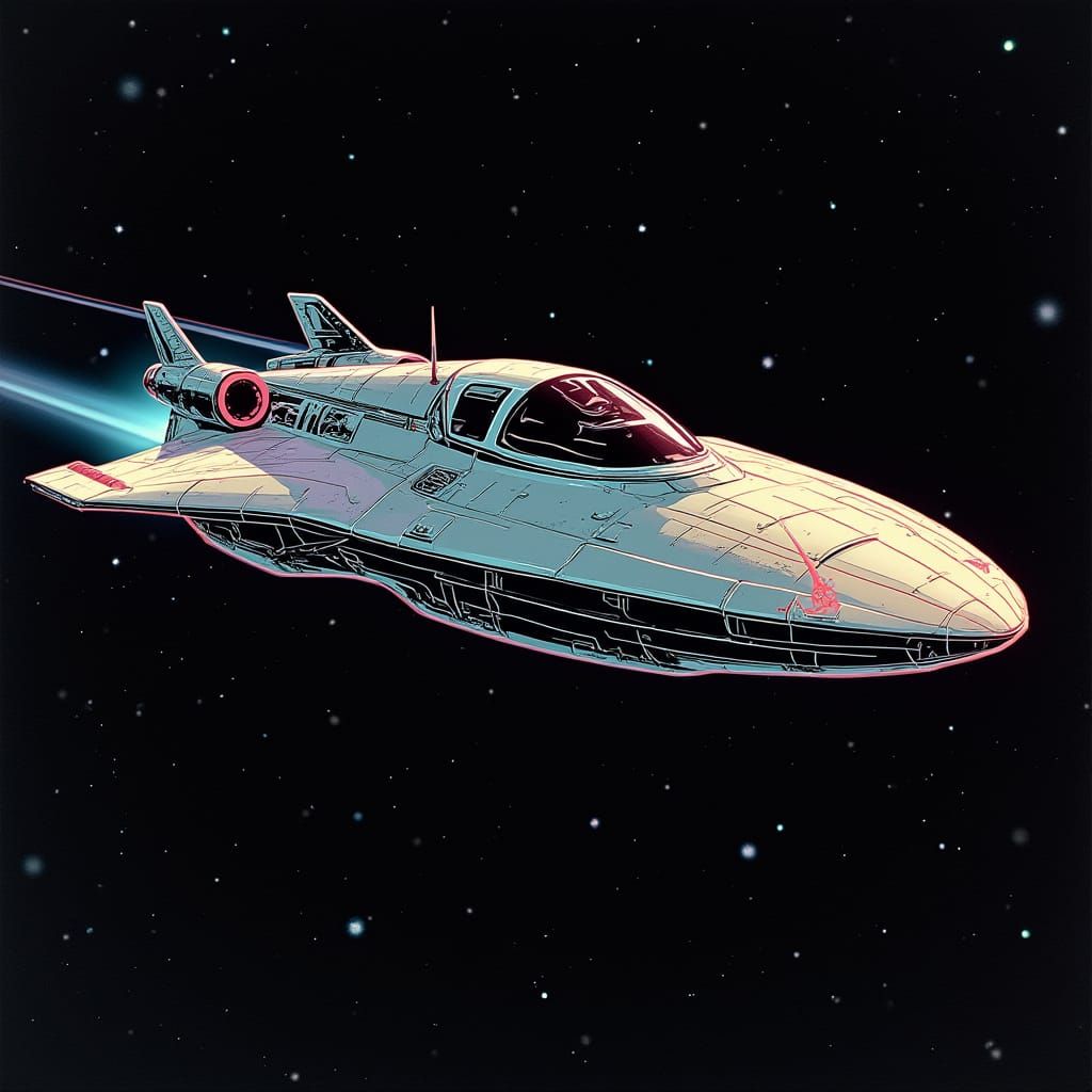 Retro-Futuristic Spaceship Flies Through Starry Space